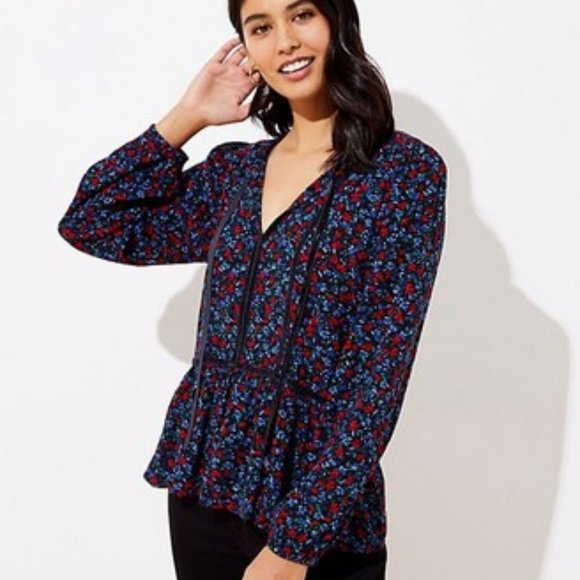 LOFT Tops - LOFT Floral Split-Neck Peplum Top with Velvet Trim - Size L